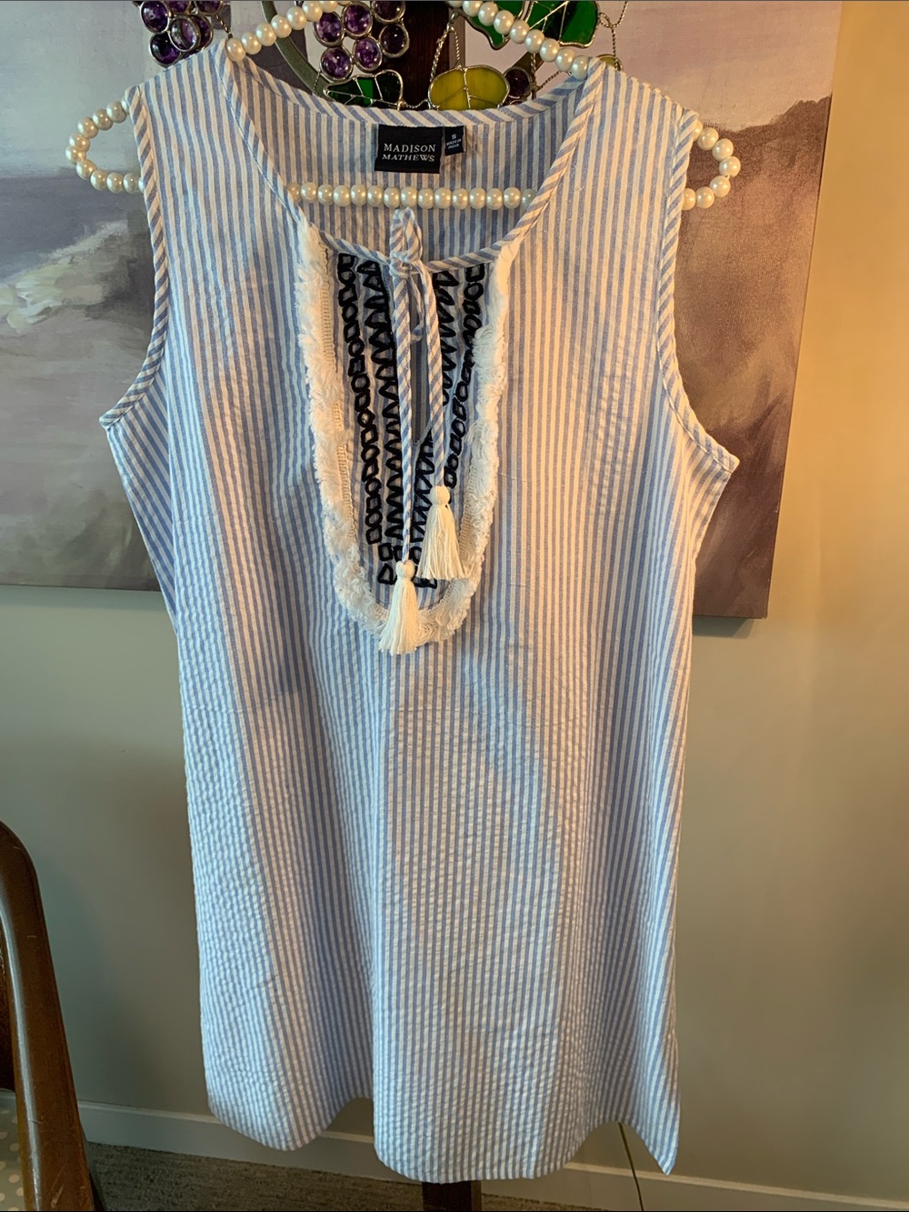 Madison Matthews Blue & White Striped Midi Dress with Tassel Detail
